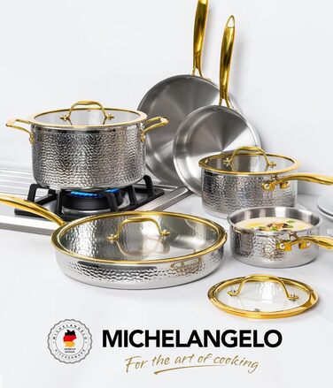 Набір посуду MICHELANGELO Luxus 10 предметів для індукції: каструлі та сковороди з позолоченими ручками, нержавіюча сталь, преміум-якість