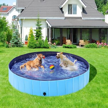 Yaheetech Foldable Dog Pool, Splash Pool for Dogs 160 x 30 cm, Anti-Slip Plates, Quick Drainage, Dog Bathtub with Bath Brush & 4 Patches, Thickened PVC Swimming Pool, Blue