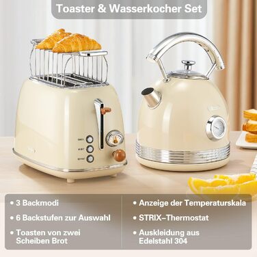 Wiltal Retro 2-Slice Toaster, 6 Adjustable Browning Levels, with High-Quality Bun Warmer, Warming-Defrost-Cancel Function, Countdown Display (milky)