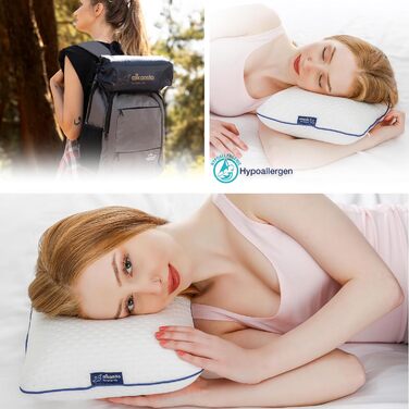 Alkamto Travel Pillow - Camping Pillow - Ergonomic Memory Foam Pillow with Temperature-Regulating Cover - Oeko-Tex Made IN Green