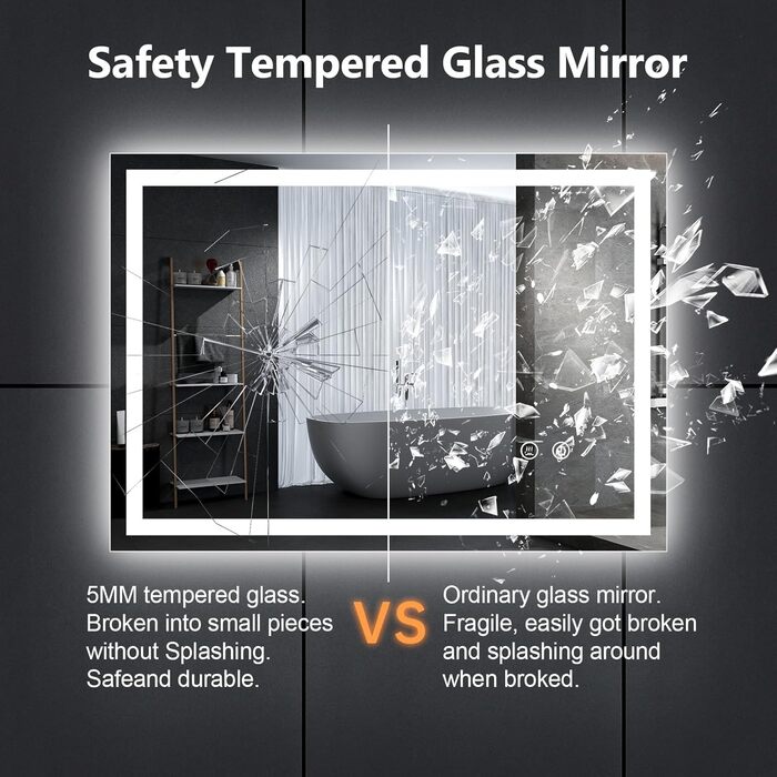 Дзеркало для ванної кімнати зі підсвічуванням 70x50 см, антизапар, сенсорне керування, 3 кольори світла, регулювання яскравості