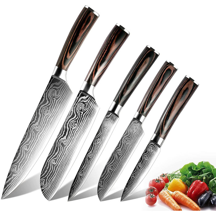 Набір ножів Dfito, 8 предметів: гострі ножі з нержавіючої сталі різних розмірів з зручними ручками. Кухонний набір ножів: гострі, стійкі до корозії, з неслизькими ручками. Модель D8 (5 шт.)