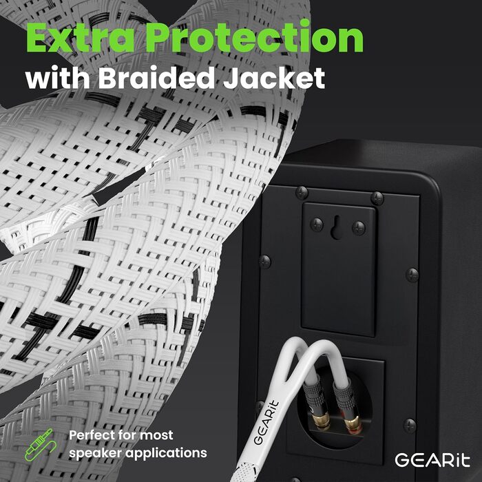 Акустичний кабель GEARit з банановими штекерами 12 AWG, 10.7 м, OFC CL2, плетений для Hi-Fi, домашнього кінотеатру, підсилювачів (Золотий)