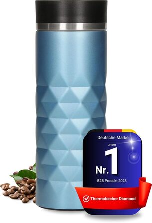 Термокружка Diamond з нержавіючої сталі 450 мл, Aquamarin Blue, з кнопкою, без BPA, витримує гарячі та холодні напої, витікання захищено, матова блискуча поверхня