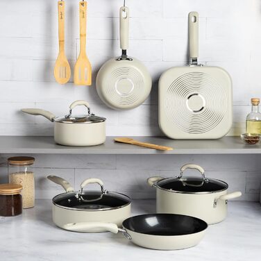 Набір посуду Goodful 12 предметів: каструлі та сковороди з антипригарним покриттям, преміум-кераміка, без PFOA, PTFE, PFAS, для посудомийної машини, кремовий