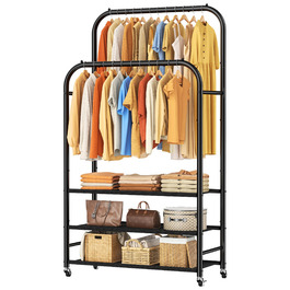 Вішалка для одягу HOMIDEC з 3 полицями, подвійна штанга на колесах, металевий каркас, чорна. Макс. навантаження 80 кг