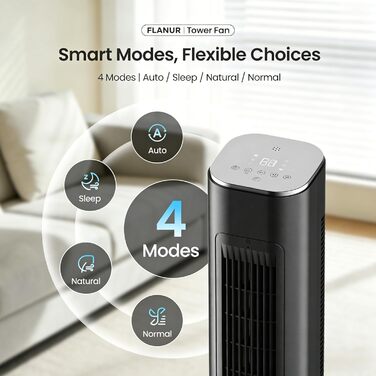 Вежа-вентилятор FLANUR WiFi Alexa 91 см: Тихий вентилятор з пультом, 4 режими, 90° осциляція, таймер 12 год, чорний