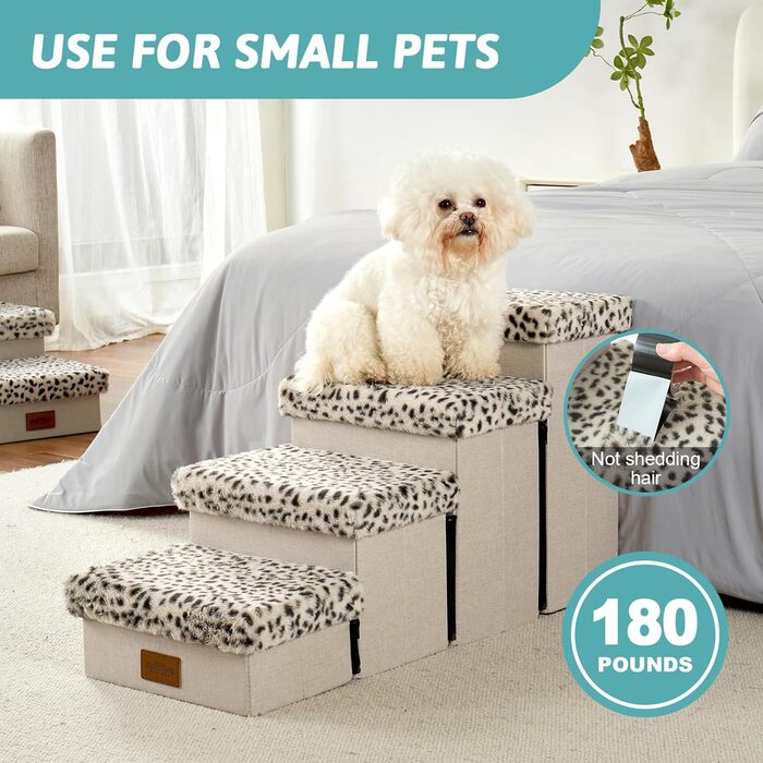Pet Stairs for Small Dogs with Storage, Dog Stairs Folding for Bed Couch, Dog Stairs Dog Ramp with Non-Slip Bottom, Leak-Proof, Up to 80kg, 33x84x45cm, 4 Steps, Leopard