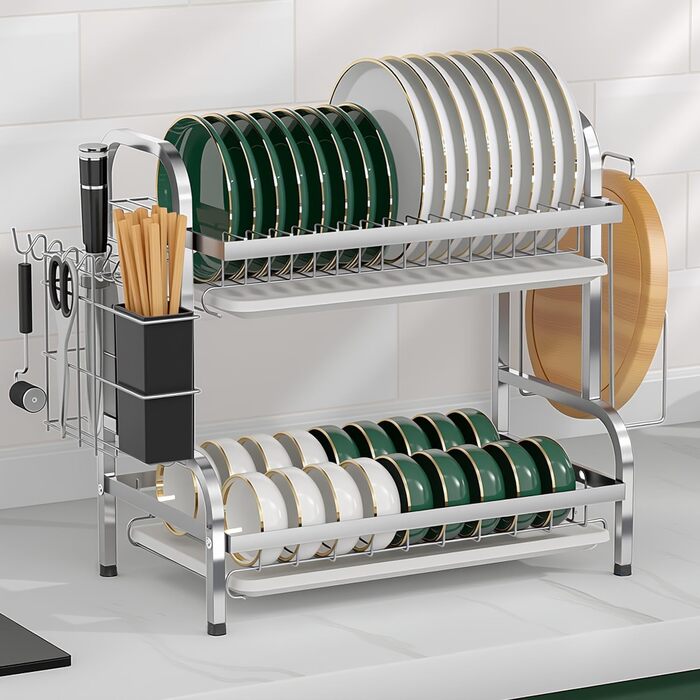 Сушарка для посуду Devesanter 2 яруси, 42 см, багатофункціональна, з піддоном, для ножів та обробної дошки (срібна)