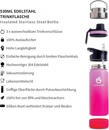 Stainless Steel Water Bottle – BPA-Free Thermo Bottle for Kids, School, Sports & Outdoor – Keeps Drinks Hot up to 12H and Cold up to 24H – Includes 3 Drinking Caps – 500 ml (Bloom)