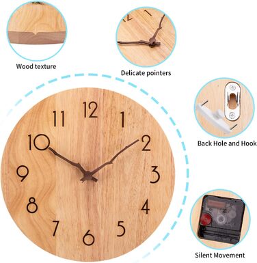 ACCSHINE Wall Clock Wood Oak Silent No Ticking Noise 30cm Quartz Large Easy to Read for Living Room Kitchen Bedroom Office School (Wood Color - Branch Hands)