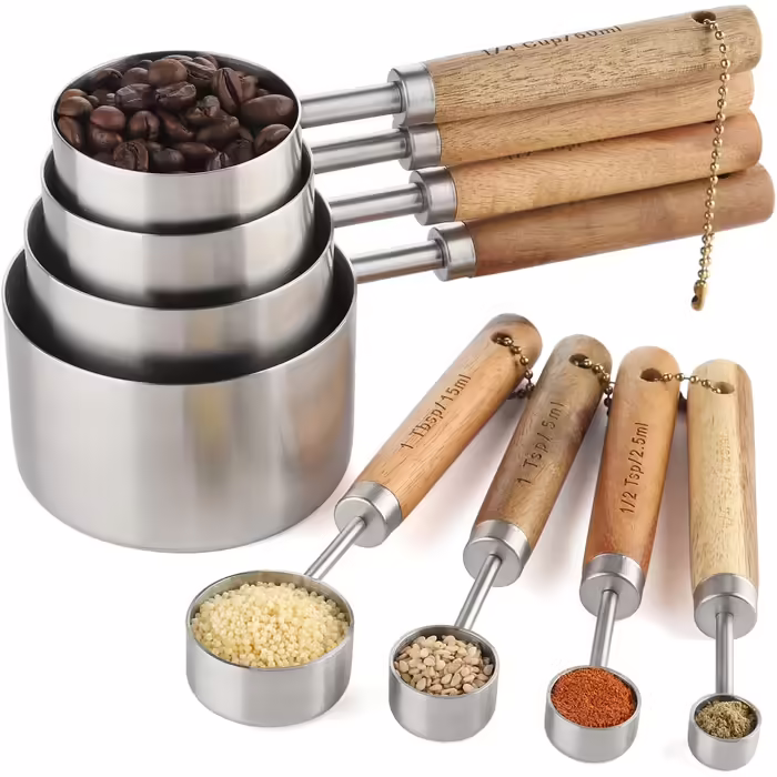 Stainless Steel Measuring Cup and Spoon Set - Measuring Cups and Spoons with Wooden Handle for Dry and Liquid Ingredients