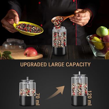 Електричний набір солі та перцю, USB, автоматична млинка, регулювання помелу, LED-дисплей, 120мл, сенсорне управління, для кухні, чорний, 2 шт.