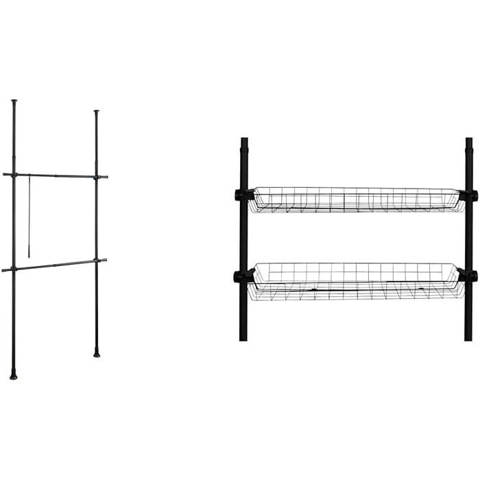 WENKO Telescopic Wardrobe System Hercules Basic (Black, Bundle with Hercules Basket, 2-Piece Set)