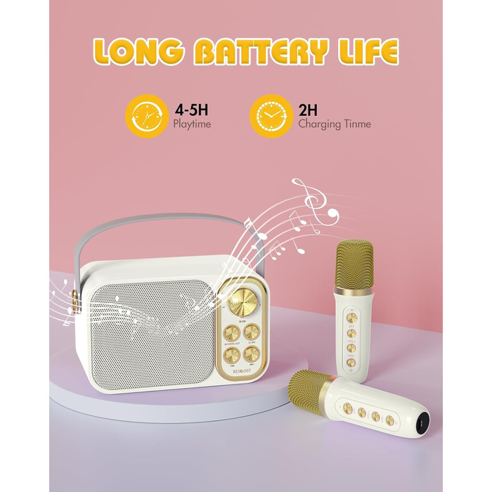 Караоке машина з 2 мікрофонами, портативна Bluetooth колонка для дітей та дорослих, 7 звукових ефектів, ідеальна для вечірок та свят (біла)