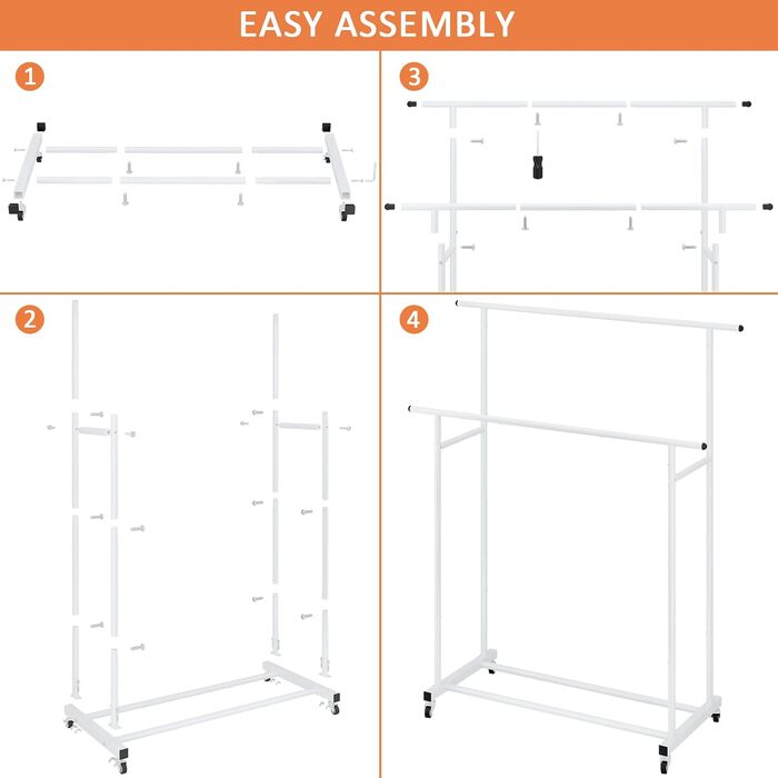 Clothes Rack with Double Rod, Rolling Clothes Rack, Portable Clothes Rack for Bedroom, Living Room, Clothing Store, (White)