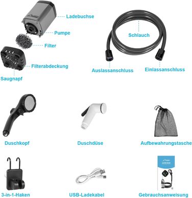 Портативна душова кабіна WADEO для кемпінгу з акумулятором та насосом, 6000-8000mAh, мобільний душ для відпочинку, подорожей, автомийки, сірого кольору, з індикатором температури та заряду акумулятора