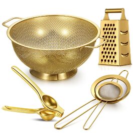 Sawysine Gold Кухонний набір преміум класу: сито золотого кольору, 2 сита, прес для лимонів, 4-стороння терка з нержавіючої сталі (5 літрів)