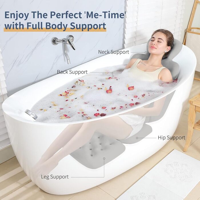 Full Body Bathtub Pillow with 160 Suction Cups - Head & Neck Support Bath Mat with Laundry Bag (Dark Gray, 130 x 41 cm)