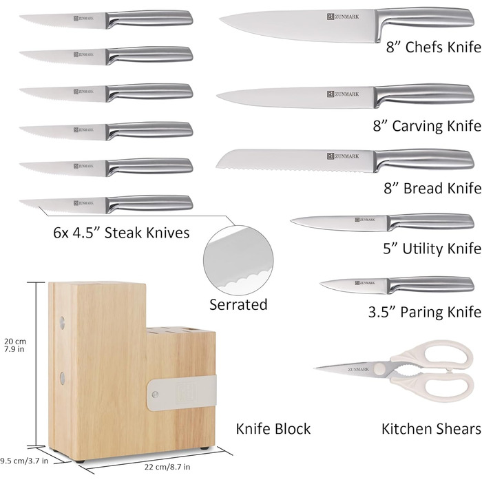 13-Piece Premium Stainless Steel Knife Block Set with Magnetic Storage - Ergonomic Handles, Kitchen Chef's Knife Set, Acacia Wood Block with Leather Strap