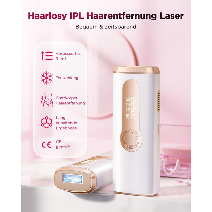 Пристрій для епіляції IPL Haarlosy з функцією охолодження - безболісна епіляція лазером, 3 функції (HR/SC/RA), 9 рівнів, 999 900 імпульсів для жінок та чоловіків, для тіла, ніг, зони бікіні, пахв (білий)