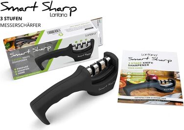 Точилка для ножів Lantana Smart Sharp - професійний набір для заточування кухонних ножів. 3 ступені (кераміка, вольфрам карбід, діамант), ергономічний дизайн, чорний та хром.