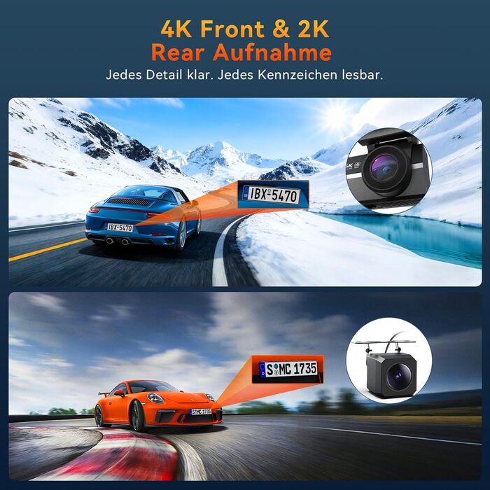 Автомобільний відеореєстратор 4K+2K з WiFi 5GHz, передня та задня камери, 64GB карта пам'яті, кут 170°, нічний режим WDR, дисплей 3.2