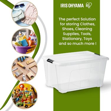 Iris Ohyama Storage Box with Lid, 6-Piece Set, Transparent, Snap Closures with Handles, Stackable, Strong & Durable, For Clothes, Garage, Home, Office, Plastic Box, Storage TB-45 (45L, x4)