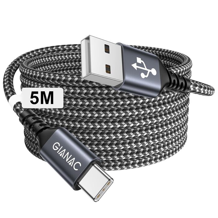 Кабель USB-C GIANAC 5M: зарядний та передавач даних для Samsung, Huawei, Google, Sony (зелений)