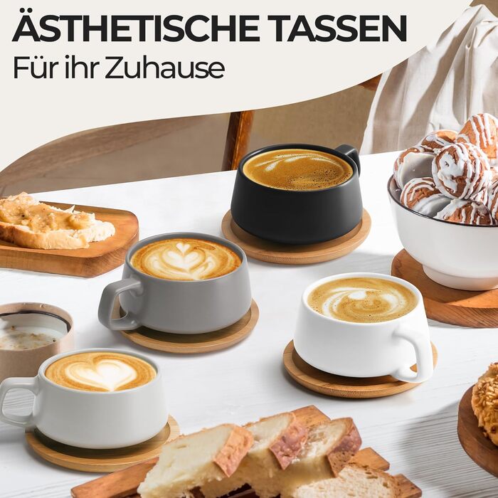 MIAMI - 4 x 320 ml Coffee Cups/Cappuccino Cups with Saucers/Elegant/Modern/Coffee Cups made of Stoneware - Luxe Collection 4-Piece Set (Classic Pastel)