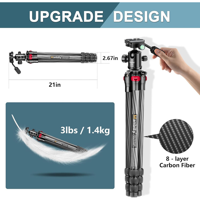 Штатив Manbily 63' з вуглецевого волокна з кульковою головкою 360° - монопод для подорожей, знімний хват, швидка пластина - штатив для DSLR Canon Nikon Sony YF-0 з хватом