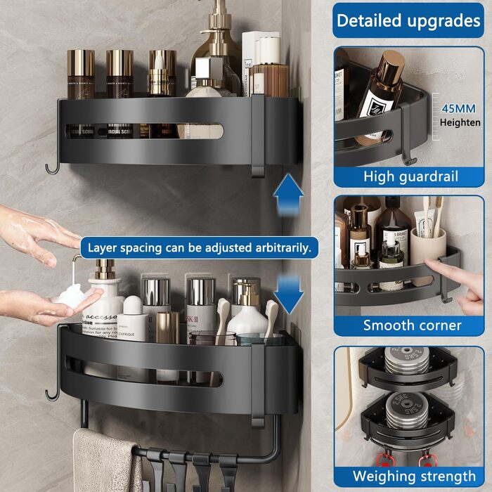 FOXWHALE Shower Shelf No Drilling, Corner Shower Rack Black, 2 Pack Triangle Shower Basket, Bathroom Shelf Bathroom Rack, Shower for Bath Kitchen Toilet Shampoo and Shower Gel (Triangular)