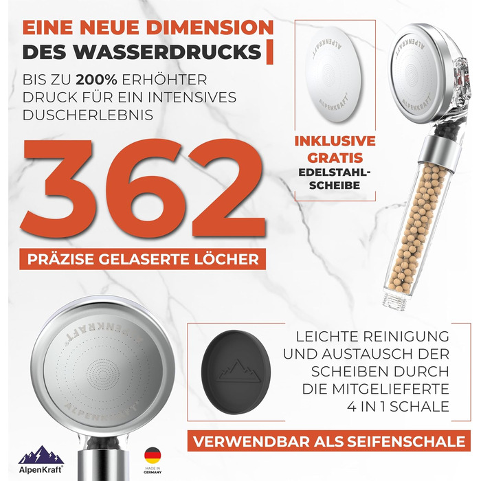 ALPENKRAFT Zugspitze Showerhead Original Made in Germany - Water-saving and pressure-enhancing showerhead - High-pressure showerhead with activated carbon and zeolite filter beads