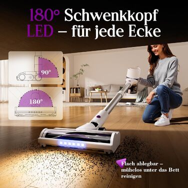 Бездротовий акумуляторний пилосос 45000 Па, 60 хв, 1.75 кг, 6-в-1 з сенсорним екраном, LED-підсвічуванням, антизаплутувальною насадкою та зарядною станцією, 7-шарова фільтрація для шерсті тварин, килимів, твердих поверхонь, авто, білий з фіолетовим