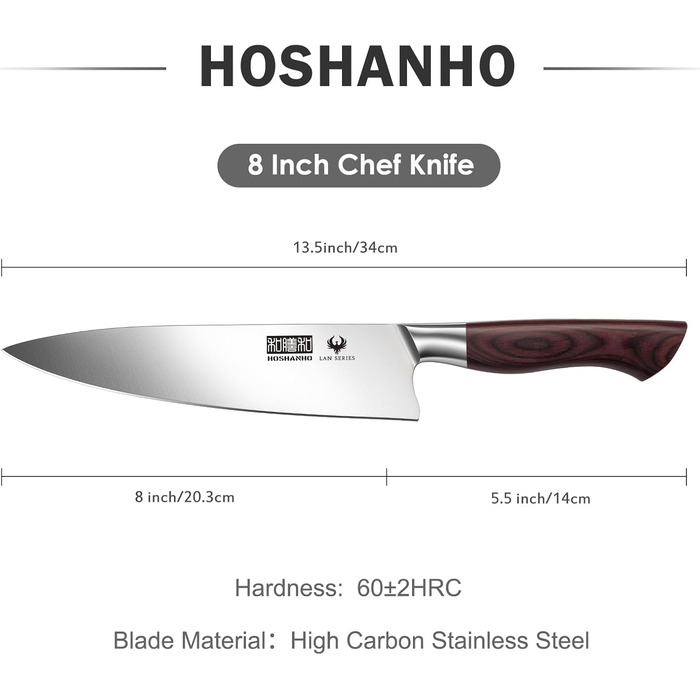 HOSHANHO 20 см кухонний ніж для приготування їжі, професійний японський шеф-ніж з нержавіючої сталі з вуглецевим покриттям та ергономічною дерев'яною ручкою
