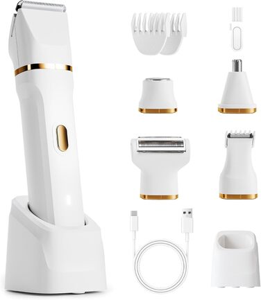 Електричний жіночий тример Jianyana 5-в-1 для тіла та обличчя, водонепроникний IPX7, для ніг, обличчя, пахв, носа та брів. Змінні насадки.