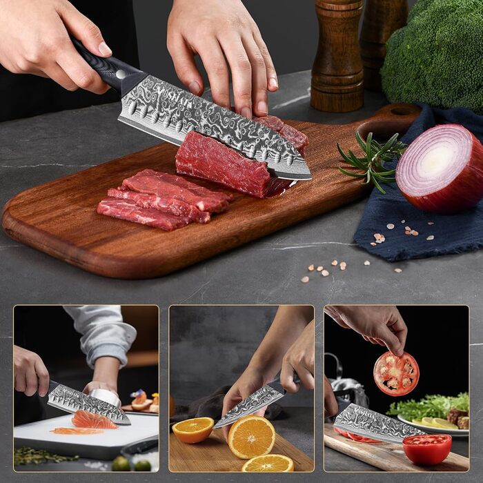 Ніж кухарський MOSFiATA Дамаск 8 дюймів - Японський кухонний ніж з дамаської сталі з набором (3 шт.)