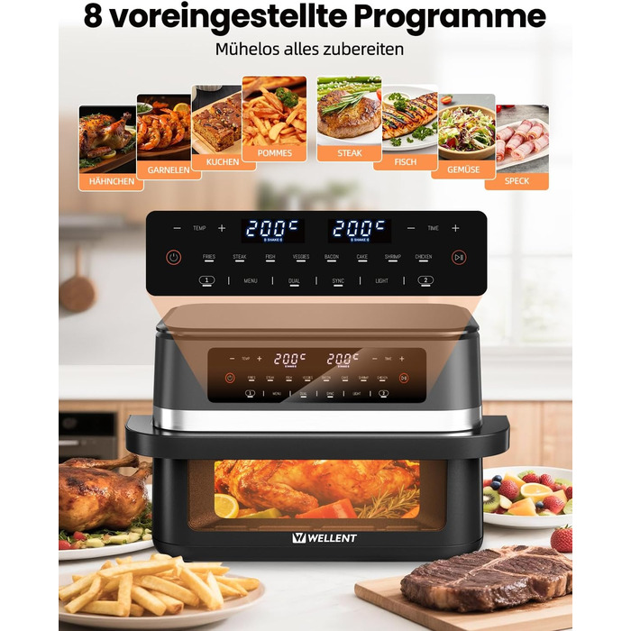 Аерофритюрниця WELLENT 12L Dual Zone XXL - 2950W з двома камерами (6+6L) з оглядовим вікном, функцією Match & Sync, нагадуванням про струшування, придатна для миття в посудомийній машині