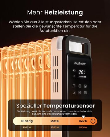 Pro Breeze 2500W Oil Radiator with 11 Fins, Electric Heater - Energy-Saving Oil Radiator, 3 Heating Levels, Adjustable Thermostat, 24h Timer, Touch Display & Safety Shut-Off Function White - No App
