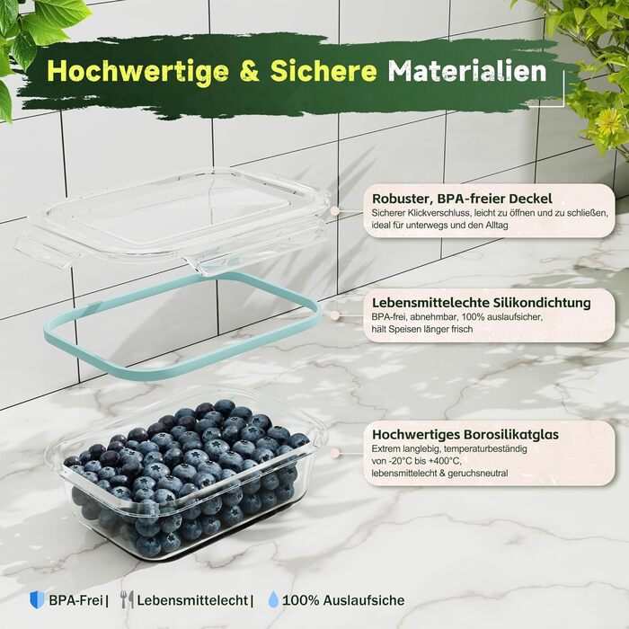 Набір контейнерів для зберігання Borosilikatglas 4 шт. 1040/640/370/180 мл - Герметичні, скляні, для холодильника, морозильника та мікрохвильовки