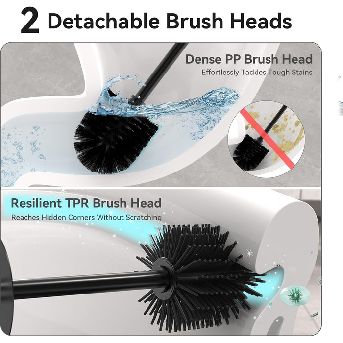 Набір для туалету DOWRY: щітка для унітазу з підставкою (2 насадки), металева, чорна, прямокутна