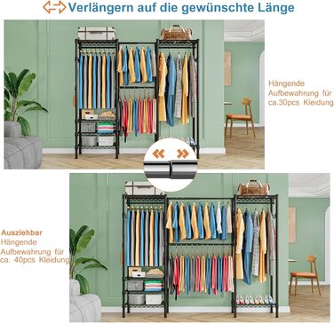 Розширюваний вішак для одягу, металева штанга для одягу, важкий металевий вішак для одягу з гачками, чорний (70.3-89.8” x 14” x 71.3”)