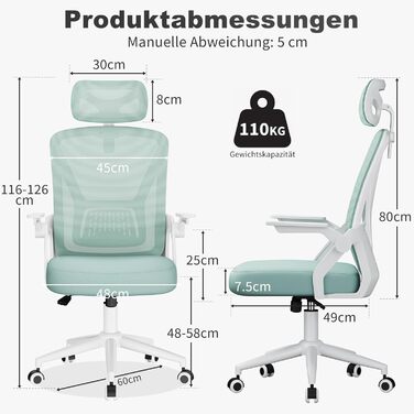 Офісний стіл Naspiro Bürostuhl: ергономічний стілець з сітчастою спинкою, підтримкою попереку, м'яким сидінням та регулюванням висоти. Кольори: сірий (зелений), з підголівником. Для дому та офісу.
