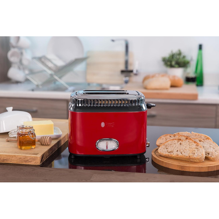 Russell Hobbs Toaster [for 2 slices] Retro Stainless Steel Red (Retro-style countdown display, includes bread roll attachment, 6 browning levels + defrost & reheat function, 1300W) Vintage 21680-56