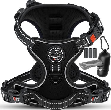 Шлейка для собак без натягу та задухи, дихаюча та м'яка, з світловідбиваючими елементами | Шлейка No-Pull з кишенькою для відходів | Регульована шлейка з ручкою - (M, Чорний)