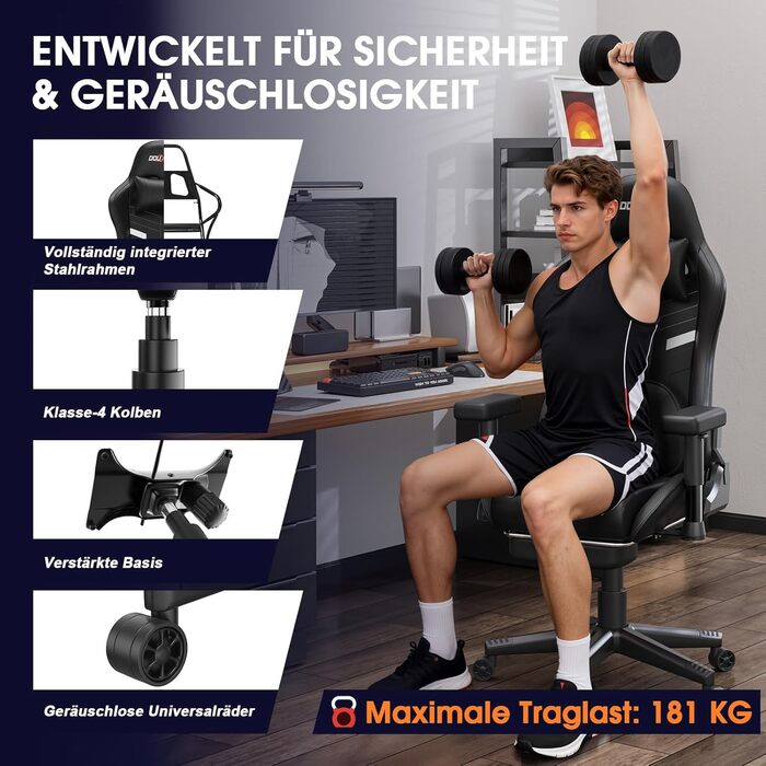 Ігровий крісло Douxlife з масажем та підігрівом, ергономічний офісний крісло з підніжкою, регулювання 90°-175°, підлокітники 2D, для геймерів, чорний, до 181 кг