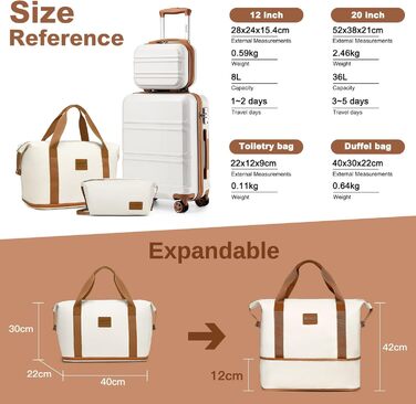 Набір валіз KONO 4 в 1: велика валіза, ручна валіза 55 см, косметичка, сумка для ручної поклажі (кремовий)