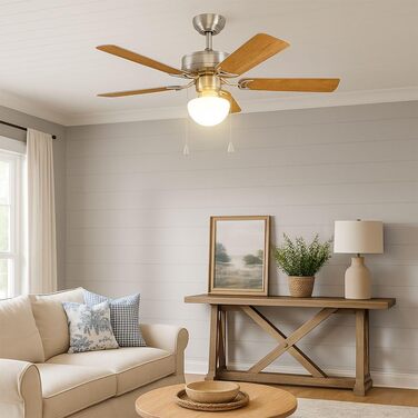 Стеляний вентилятор EGLO CADIZ з 5 лопатями, світлом, ланцюжком, лопаті з МДФ (срібло/дуб), корпус зі сталі (нікель-мат), літньо-зимовий режим, AC двигун, діаметр 106.6 см