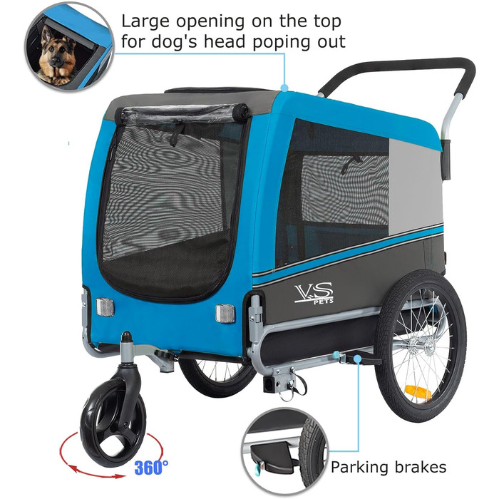 Візок для собак Tiggo VS Pets 2-в-1: візок та велопричіп, блакитний, об'єм 270 л, до 35 кг