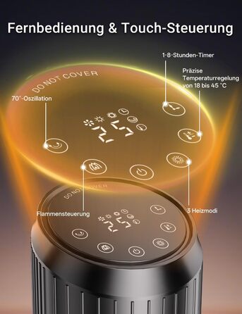 Електричний обігрівач керамічний 2000W з термостатом, дистанційним керуванням, ефектом каміну, осциляцією 70°, ECO-режим, таймером 1-8 год, захистом від перегріву та перекидання, тихий, для офісу та вітальні